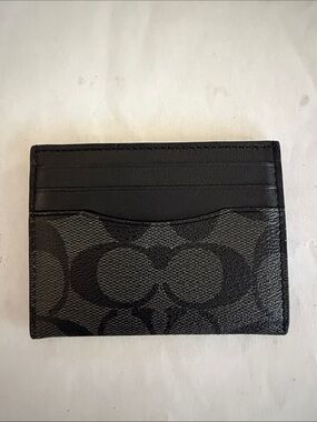 Coach Black Signature Canvas Card Holder with Leather Trim